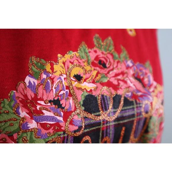 NWT Vintage 80s 90s Red TShirt Floral Glitter Deadstock Bobby Socks Small Medium - Picture 9 of 9